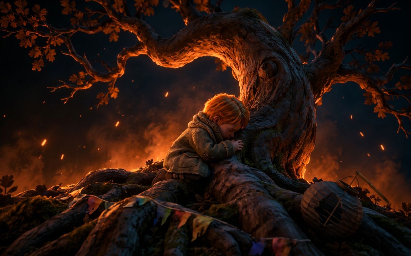 A child hiding in the roots of a burning tree