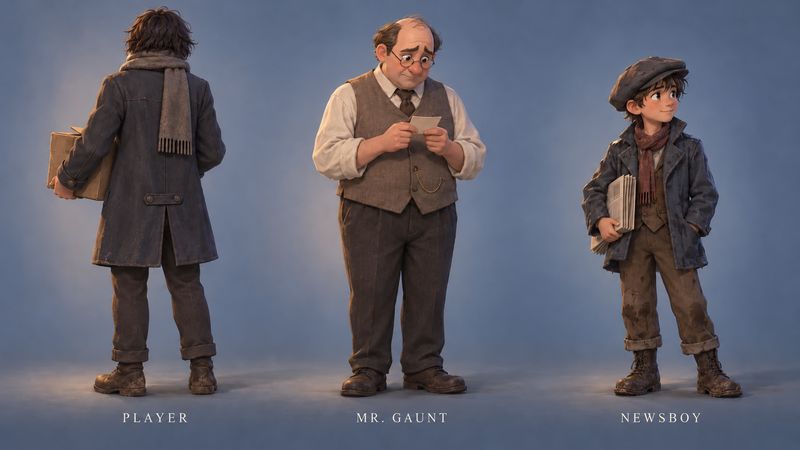Character studies of the player, Mr. Gaunt and the newsboy