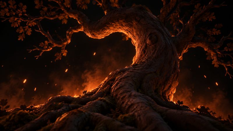 An old crooked tree with glowing roots under falling embers