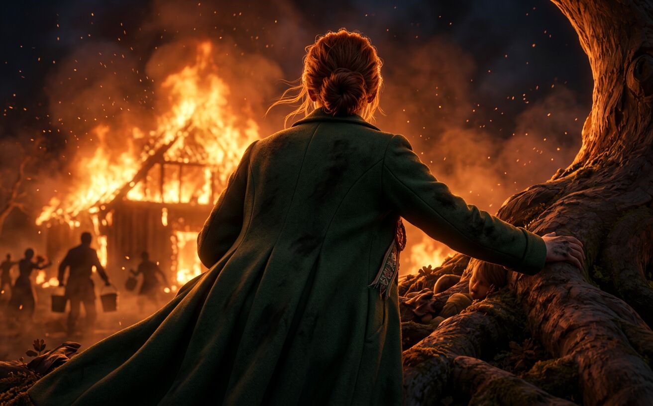 A woman in a green coat walks toward a burning hall