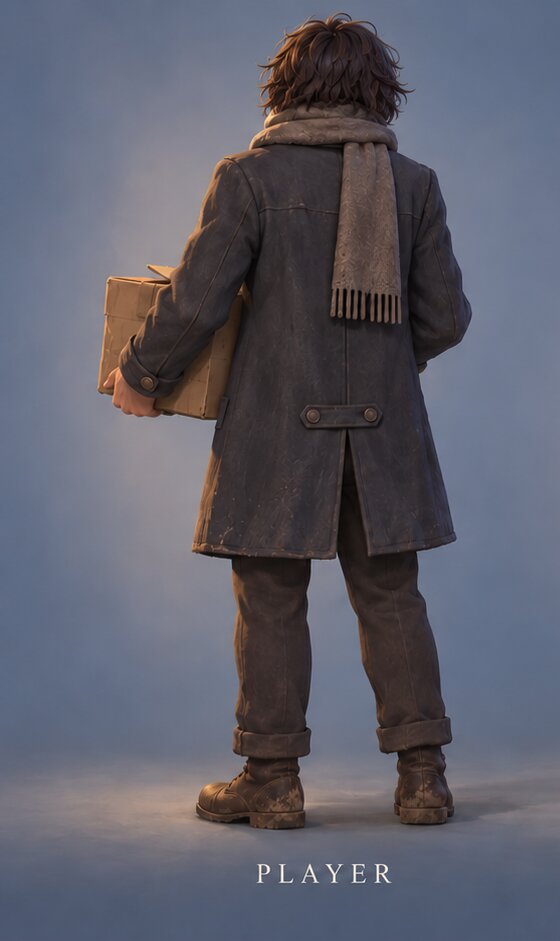 The player, from behind, carrying a parcel